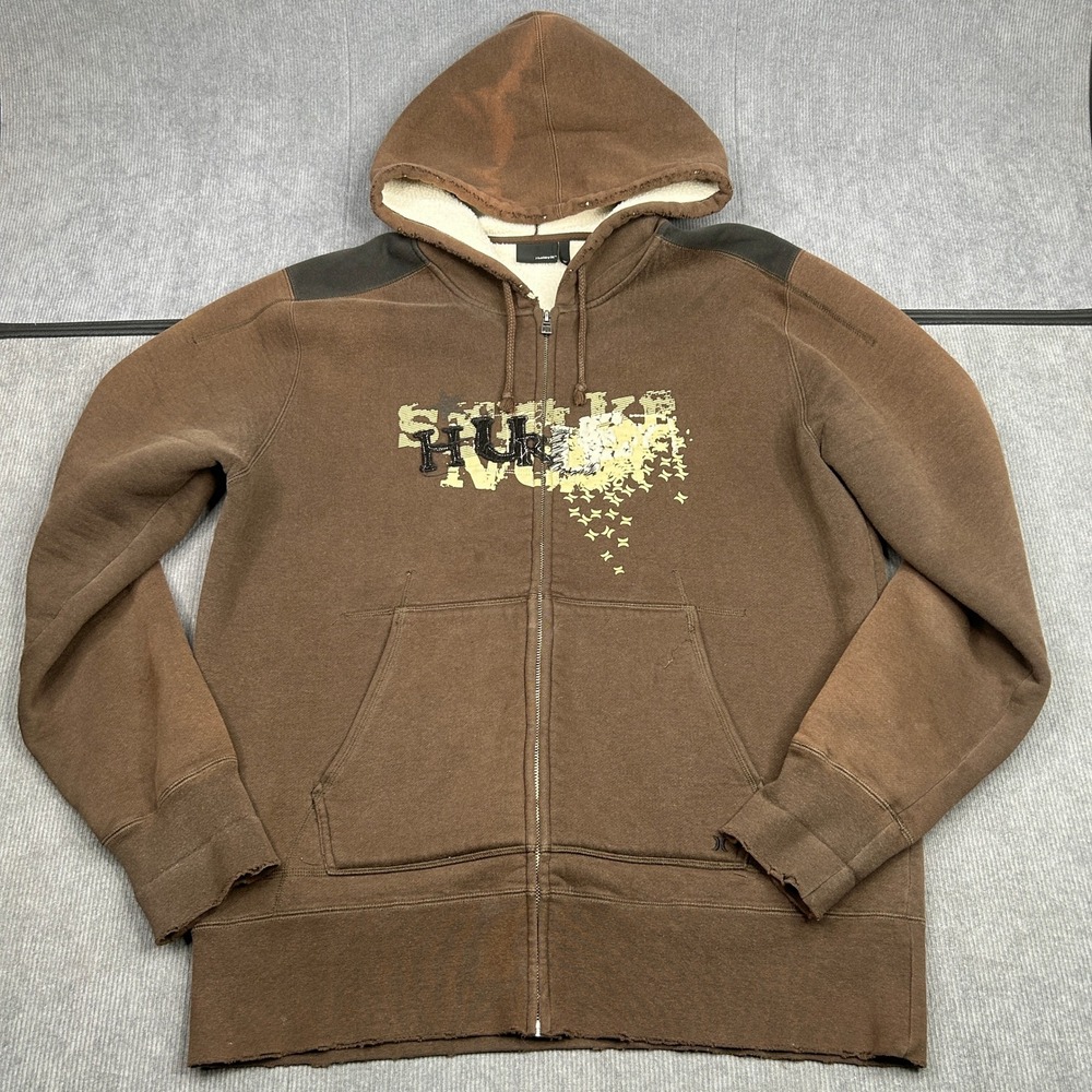 Hurley Brown Sherpa Lined Full Zip Hoodie Distressed Graphic XL Y2k